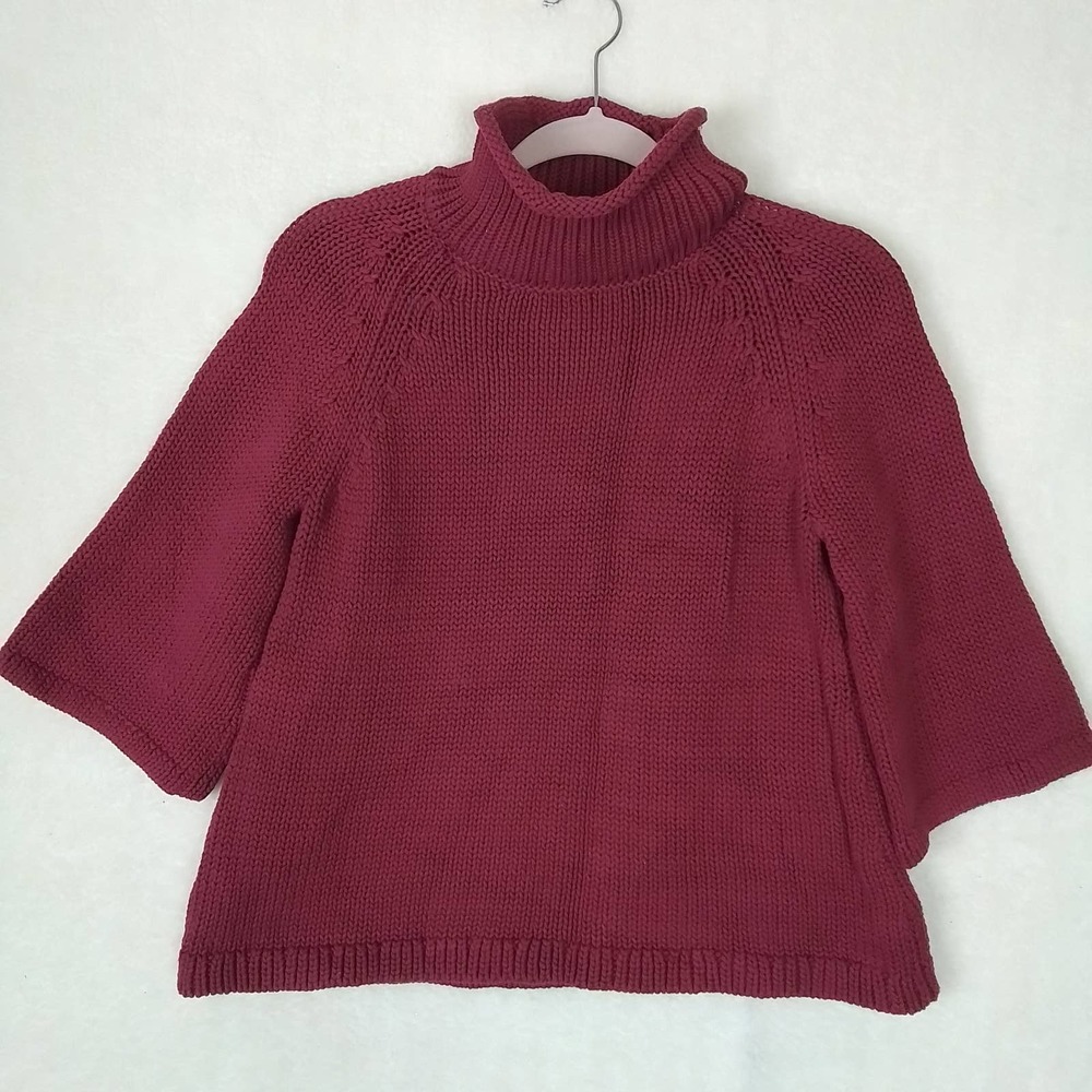 LOFT Chunky Knit Oversized Sweater Size S Fuchsia Cotton Blend 3/4‎ Sleeve